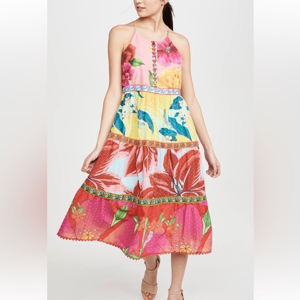 FARM Rio Tiered Cotton Tank Midi in Mixed Garden Floral Dress sz S